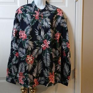 Sail Wind floral tropical cruise button linen blend long sleeve top  Sz L NWT